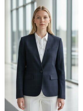 Zara Womens Size 4 Navy Blue Plaid Blazer Notched Collar Button-Front Classic